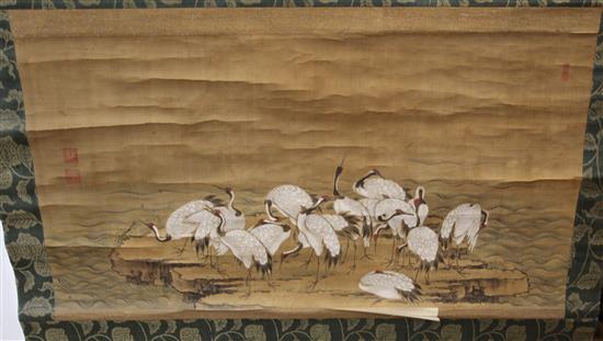 A scroll painting of cranes in a landscape, width 97cm